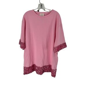 Fantastic Fawn Pink Sequin Trim‎ Tunic Top Womens Size L Casual Party